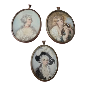 Antique Miniature Painting Set of Three Courtesans - Set of 3