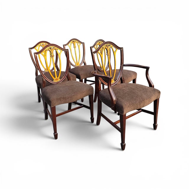 English Regency Revival Mahogany and Gilt Shield-Back Dining Chairs, Set of Five, Circa 1930 For Sale - Image 4 of 18