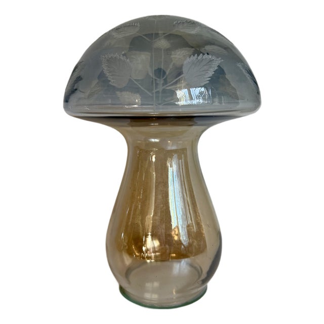 Vintage Etched Art Glass Mushroom Light Smoky Gray and Amber Decorative Glass Sculpture For Sale