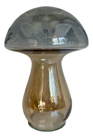 Vintage Etched Art Glass Mushroom Light Smoky Gray and Amber Decorative Glass Sculpture