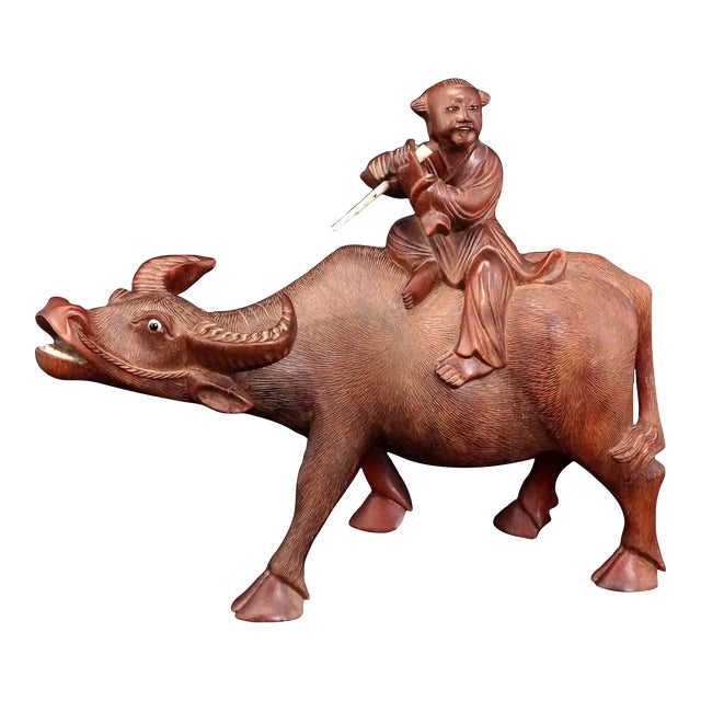 Chinese Carved Wood Water Buffalo and Boy Republic Era For Sale