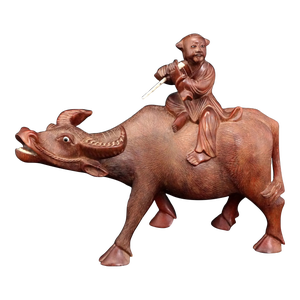 Chinese Carved Wood Water Buffalo and Boy Republic Era