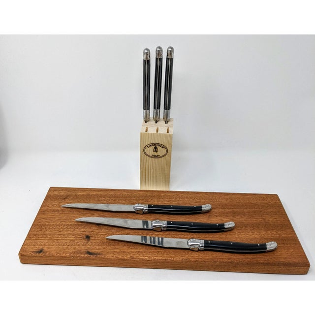 French Country French Modern Jean Dubost Laguiole Handmade Stainless Steel and Ebony Black Resin Steak Knives - Set of 6 For Sale - Image 3 of 13