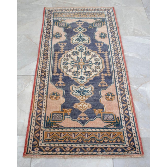 Mid-Century Modern 1970s Hand-Knotted Wool Turkish Rug Doormat Small Rug Entry Decor - 1'12" X 4'2" For Sale - Image 3 of 8