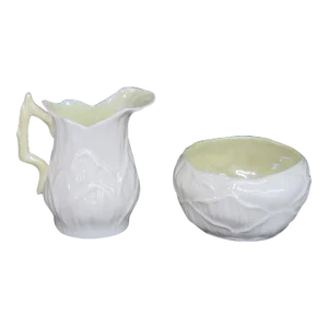 Belleek Pottery Ireland Lily White Creamernd Open Sugar Bowl - A Pair