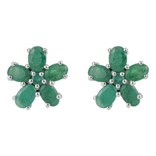 Handcrafted 5.02 Ct Natural Green Emerald Floral Cluster Stud Earrings 2 Pieces For Sale