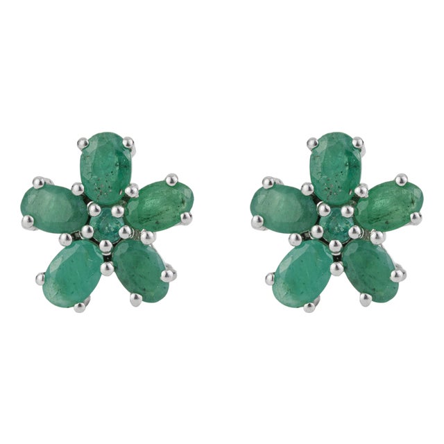 Handcrafted 5.02 Ct Natural Green Emerald Floral Cluster Stud Earrings 2 Pieces For Sale
