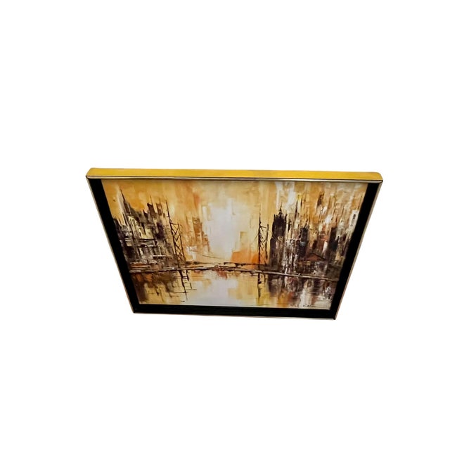 1970s Vintage Mid Century Modern Abstract Cityscape Oil on Canvas For Sale - Image 5 of 15