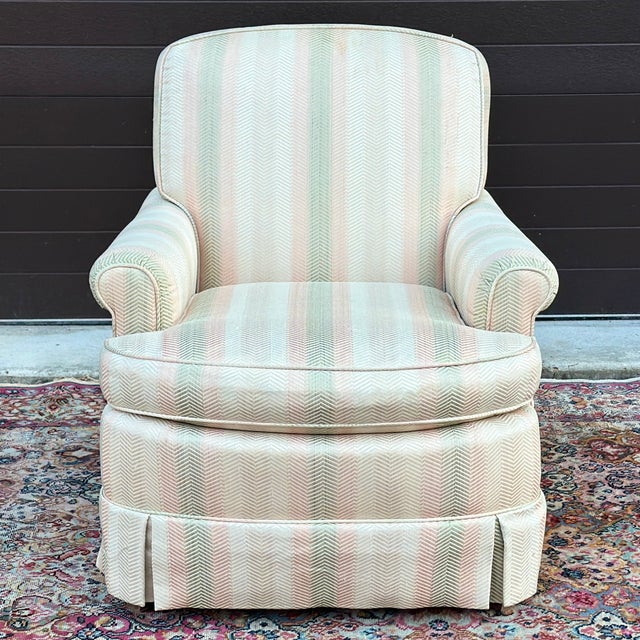 Vintage petite Baker Furniture skirted club chair with tight back and flippable seat cushion. For reupholstering.