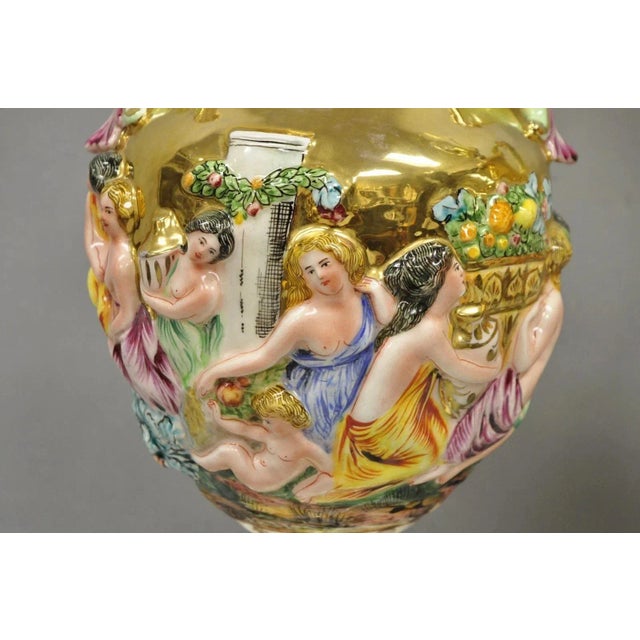Gold Antique Capodimonte Figural Porcelain Twin Handle Urn Gold Vase Table Lamps Pair For Sale - Image 8 of 18