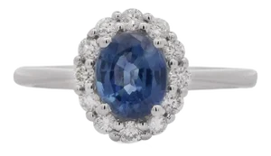1.30 Carat Oval Deep Blue Sapphire & Round Diamond 18k White Gold Ring Size 6.25