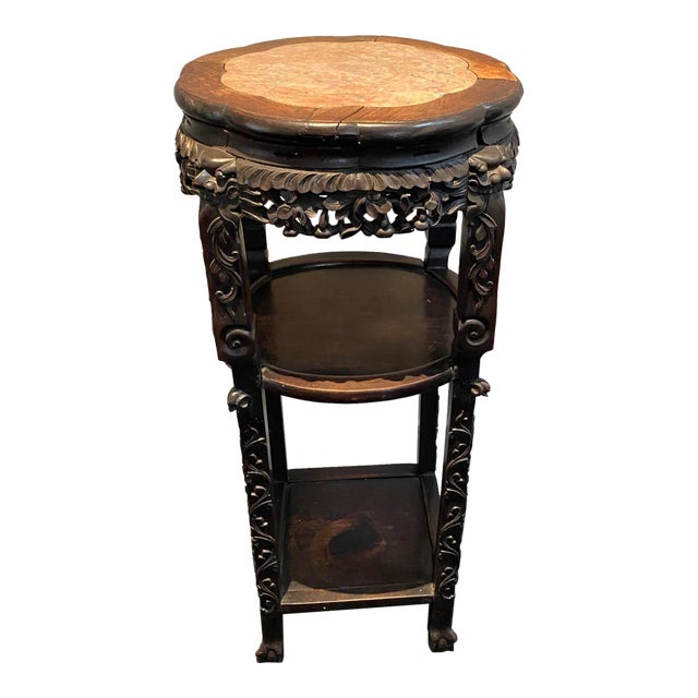 Early 20th Century Carved Wood and Marble Jardiniere Stand For Sale