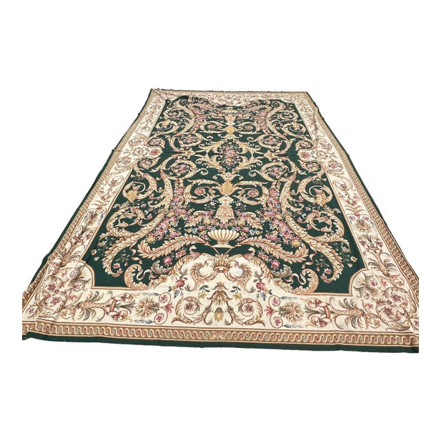 French-Aubusson-Style Tapestry, Floral Motif on Green and Cream Ground For Sale