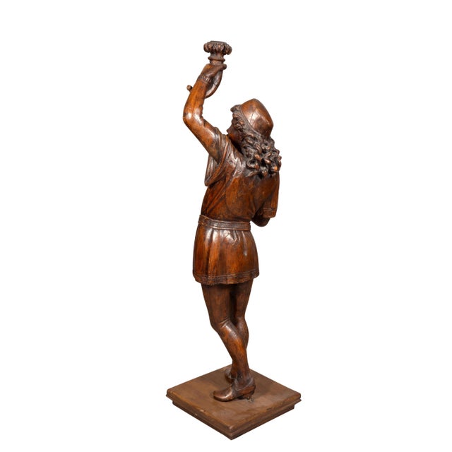 Wood Italian Carved Walnut Torchere Of A Standing Boy Holding A Torch For Sale - Image 7 of 12