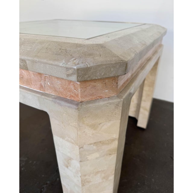 Teselated Travertine Stone Marble and Glass Side Table For Sale - Image 4 of 11