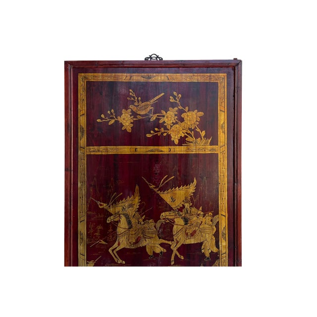 Vintage Chinese Wood Copper Color Warriors Scenery Wall Plaque Panel For Sale - Image 4 of 6