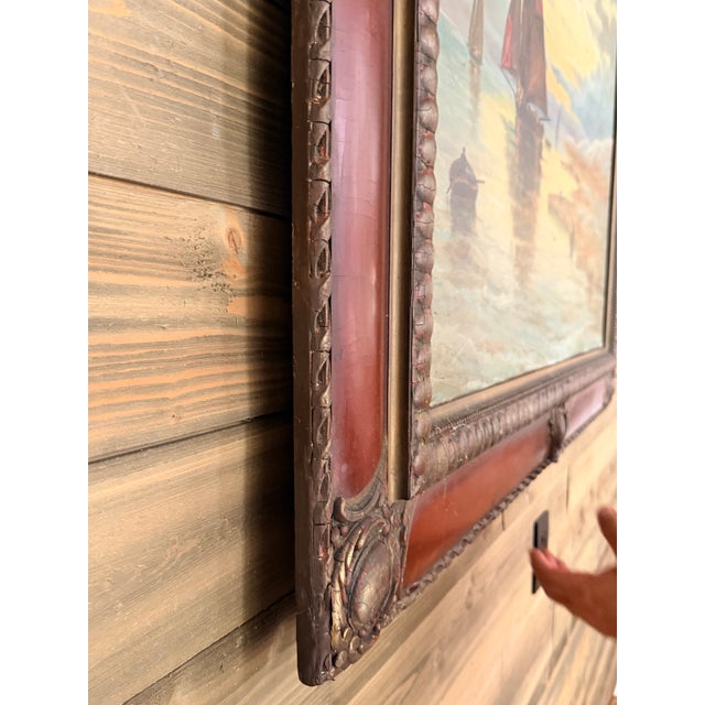 Signed 1920 Antique Maritime Sailboat Oil Painting in Ornate Painted Frame For Sale - Image 11 of 18