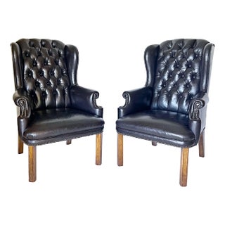 Pair of Antique Leather Wingback Library Chairs For Sale