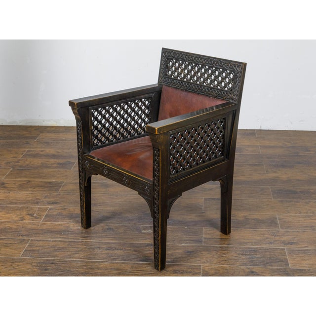 Set of 12 Moroccan Ebonized Carved Wood Armchairs with Leather Seats, circa 1900 For Sale - Image 11 of 12