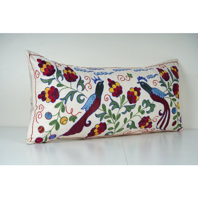 Mid-Century Modern Peacock Suzani Pillow Cover – Hand Embroidered Floral Lumbar Cushion, 16'' X 34'' For Sale - Image 3 of 5
