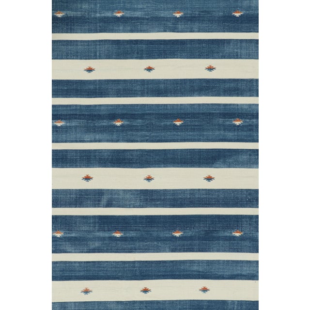 Boho Chic Rug & Kilim's Contemporary Dhurrie Rug in Blue with White Stripes - 9x12 For Sale - Image 3 of 8