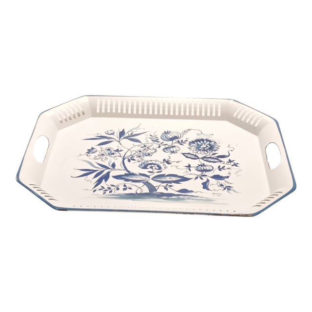 Large Vintage Blue Onion Style Metal Serving Tray With Reticulated Open Handles For Sale