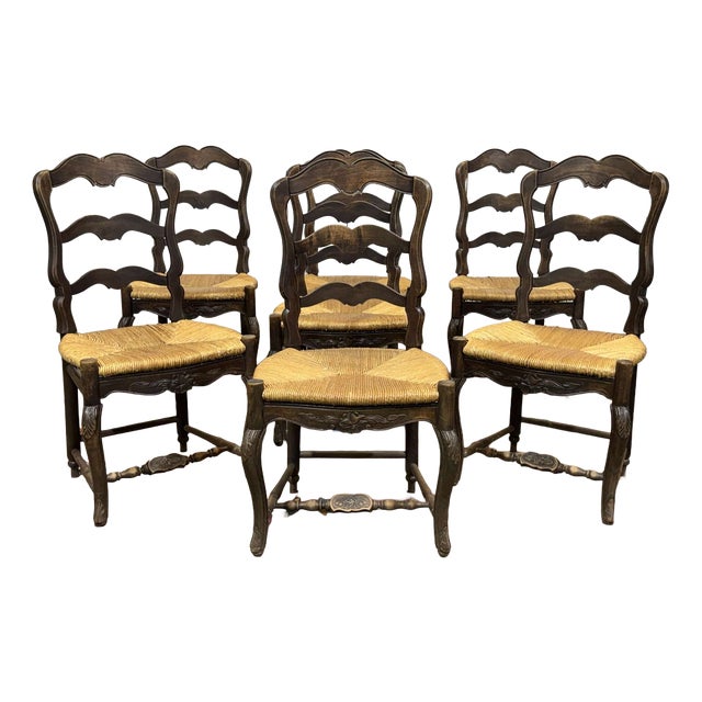 Louis XV Style Chairs in Beechwood with Straw Seats, Set of 7 For Sale
