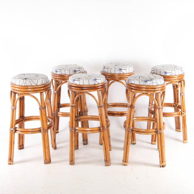 Rattan Stools with Seat Cushions, 1970s, Set of 6 For Sale - Image 11 of 11