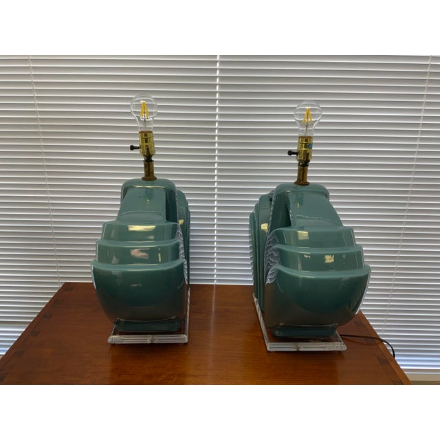Postmodern 1980s Postmodern Seafoam Green Ceramic Glazed Table Lamps With Lucite Base - a Pair For Sale - Image 3 of 8