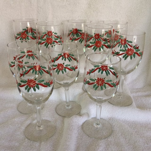 Vintage Fairfield Poinsettia Red Ribbon Greenery Wine Glasses