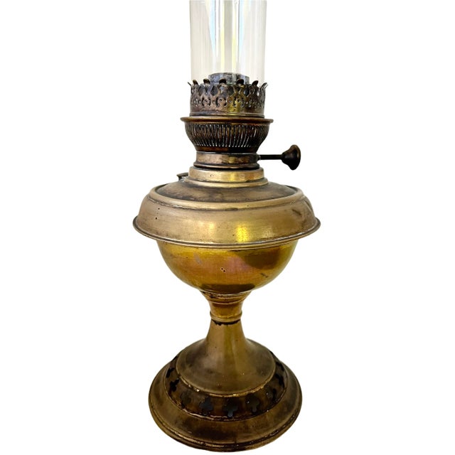 Early 20th Century Brass Metal Oil Lamp Glass Chimney Antique Wick For Sale - Image 11 of 13