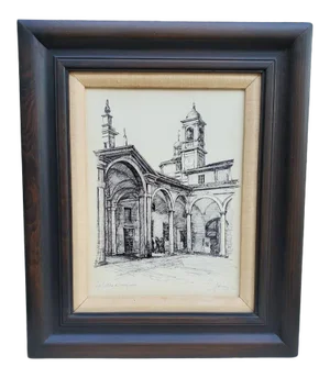 1960s Italian Monastery Pen & Ink Drawing, Framed