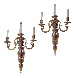 Antique Silvered Bronze Three-Arm Wall Light Sconces in Moorish Style - A Pair