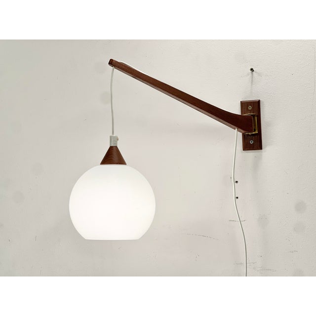 Mid-Century Modern Wall Lamp with Swing Arm in Teak and Opaline Glass, 1950s For Sale - Image 6 of 10