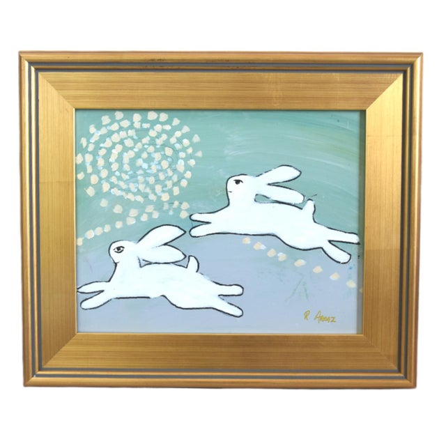 2020s Folk Art Hopping Bunnies Rabbits Hares Oil Painting Including the Antiqued Gold Wood Frame For Sale - Image 5 of 5