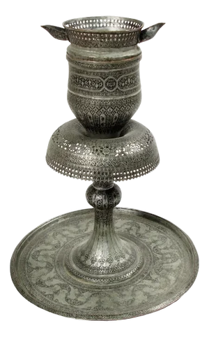 Antique Central Asian Copper Tinned Islamic Engraved Oil Lamp, 1890s