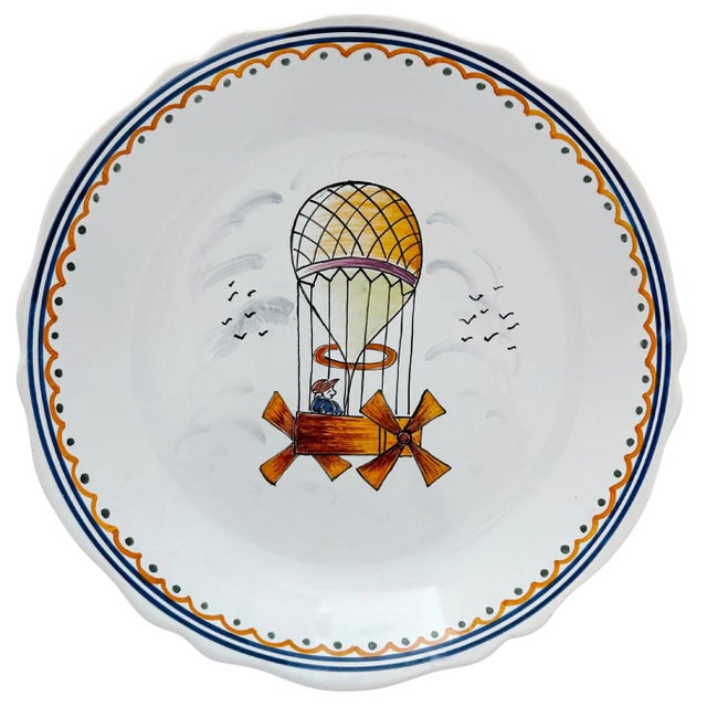 French Provincial Late 20th Century French Faience "Voyage Dans Les Airs" Hot Air Balloon Plates - Set of 3 For Sale - Image 3 of 7