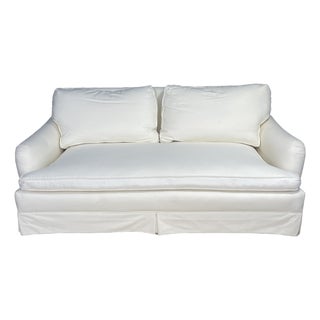 Traditional Style Sofa in White Linen Style Upholstery and Down Cushions For Sale
