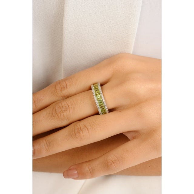 Baguette Cut Peridot with diamond 14k white gold Wedding Band Ring featuring natural peridot of 1.09 carats and diamonds...