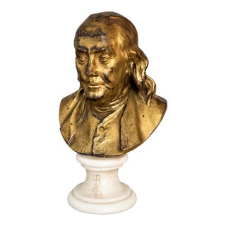19th Century French Gilt Bronze Bust of Benjamin Franklin After Houdon on Marble For Sale