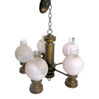 Vintage Brass 5 Arm White Globe Chandelier With Clear Glass Hurricane Shades For Sale