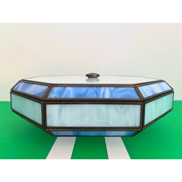 Mid Century Blue & White Tiffany Style Flush Light For Sale - Image 11 of 18
