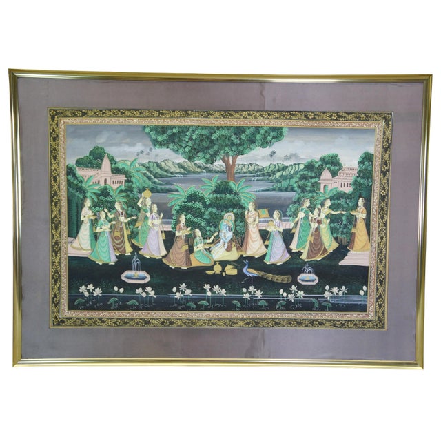 Monumental Indian Pichhwai Radha Krishna Gopis Painting Silk Garden Peacock 68" For Sale - Image 13 of 13