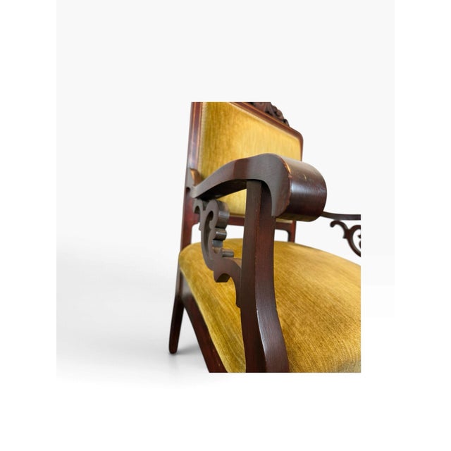 Late Victorian Carved Mahogany Armchair in Gold Velvet, Circa 1890–1910 For Sale - Image 4 of 12