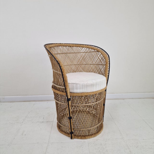 Mid-Century Boho Chic Rattan Barrel Chair with Outdoor Cushion, 1970s For Sale - Image 4 of 12