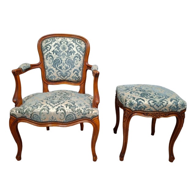 Set of Late 20th Century Cherry Wood Cabriolet Armchair and Ottoman For Sale