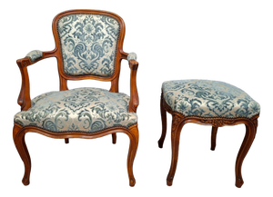 Set of Late 20th Century Cherry Wood Cabriolet Armchair and Ottoman