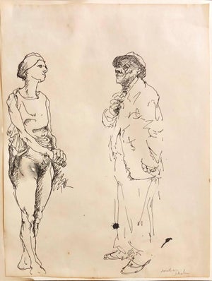 Jonathan Shahn, Ink Drawing Man in Suit and Hat with Nude