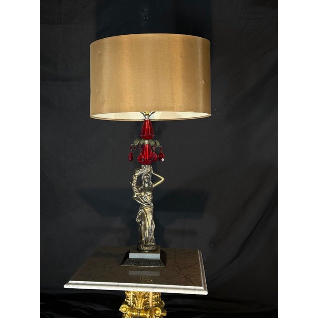 2000s Hollywood Regency Gold Figural Table Lamp With Red Crystals For Sale - Image 4 of 5