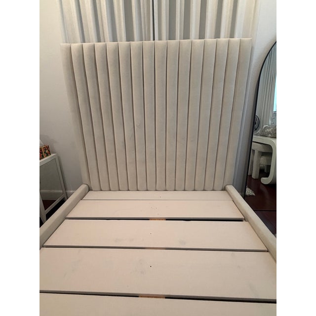2020s Custom Queen Upholstered Bed – Off-White Velvet Channel-Tufted Headboard For Sale - Image 5 of 5